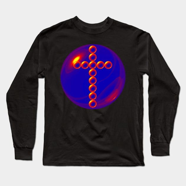 Red, Blue and Yellow Cross in Glass Ball Long Sleeve T-Shirt by The Black Panther